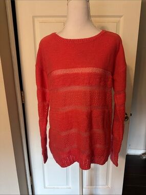 Coral Open-Stitch Crewneck Sweater